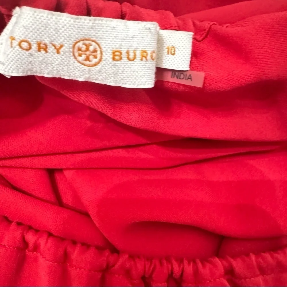 Tory Burch Sylvie blouse Boho /Peasant/Tie Blouse Top‎ RED Fringe Tassel Sz 10